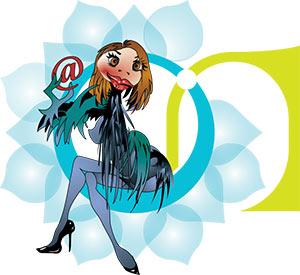Dessin d'illustration pour la communication visuelle - Personnage féminin dessiné sous Illustrator, associé au logo Opus Numerica