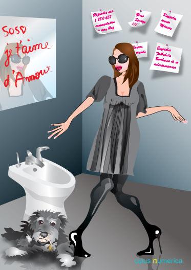 Dessin d'illustration : jeune femme dans sa salle de bain avec son chien